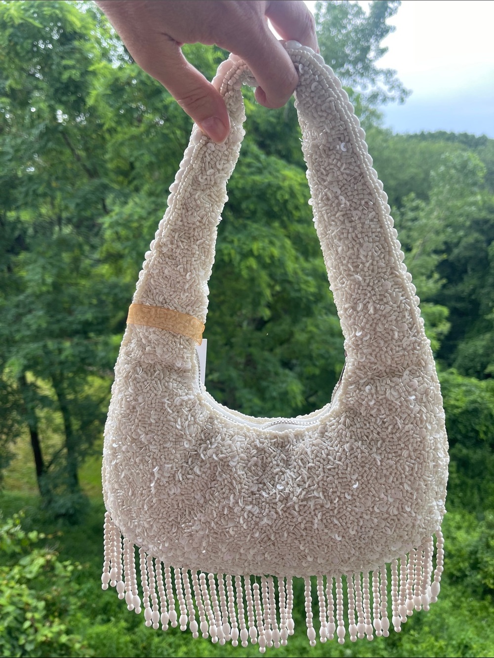 Viral Beaded Bag - Cream Shoulder Bag with Fringe - perfect bridal purse! - Picture 3 of 5